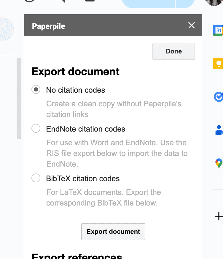 The Export document panel in the Paperpile sidebar with “No citation codes” selected — a clean copy without Paperpile’s citation links — above EndNote citation codes and BibTeX citation codes, and an Export document button.